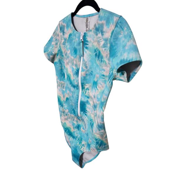 Calme Johnny Was Neoprene Swimsuit Front Zip Short Sleeve Tie Dye Blue Small NEW - Picture 3 of 9